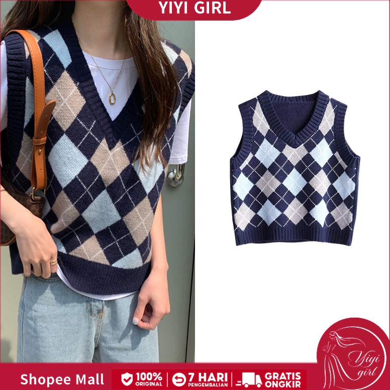 Harga Promo YIYI GIRL Rompi Rajut Crop Top Wanita Kotak Kotak Korean Style