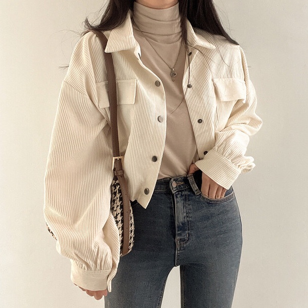 Terlaris Ekouaer Corduroy Jaket Korean Style Wanita Retro Kolor Terbaru Jacket Crop Top baju atasan 