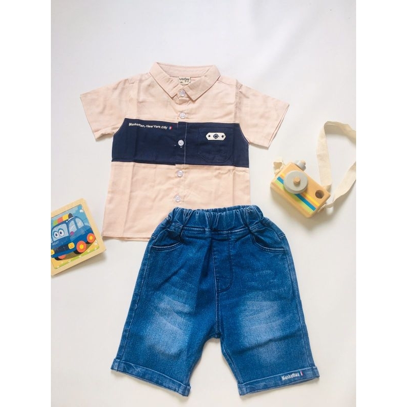 Setelan Pendek Anak Laki Laki Uson // Setelan Pendek Uson Kemeja Pendek Celana Jeans Size S-130 // B