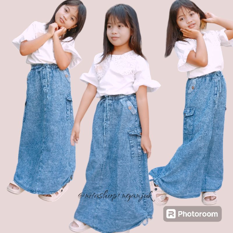 Rok Jeans Cargo Anak 7-12th Serut/Rok Jeans Highwaist Panjang Anak SD Mode Cargo/Rok Jeans Kempol An