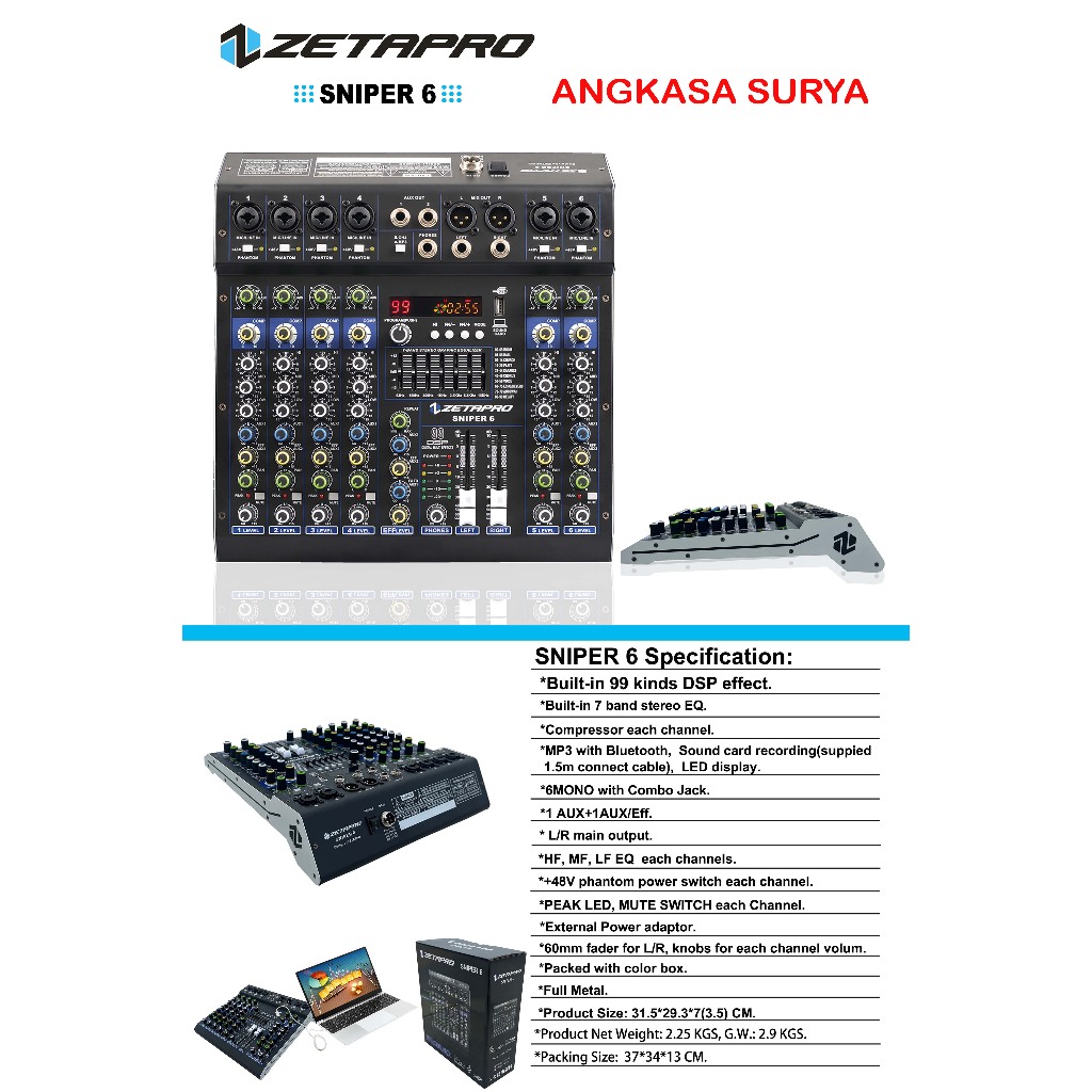 Mixer Zetapro Sniper6 / Sniper 6 Original / Mixer 6 Channel Ada Compressor , Effect Reverb 99 Dsp