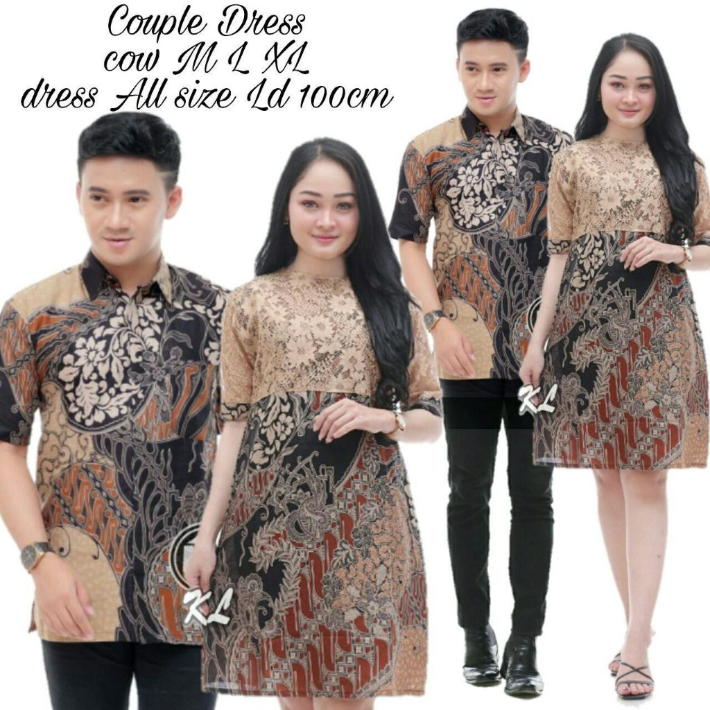 Fairyrozi Batik Couple Pandanaran Kuning Dress Brokat Modern Wanita & Kemeja Pria Lengan Pendek Baha