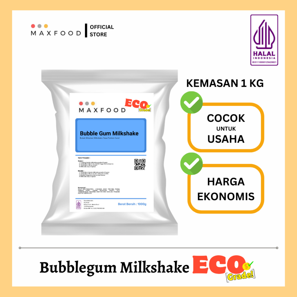 

MAXFOOD - [ECO] Bubblegum Milkshake Powder / Minuman Bubuk Rasa Bubblegum Milkshake Ekonomis 1 KG