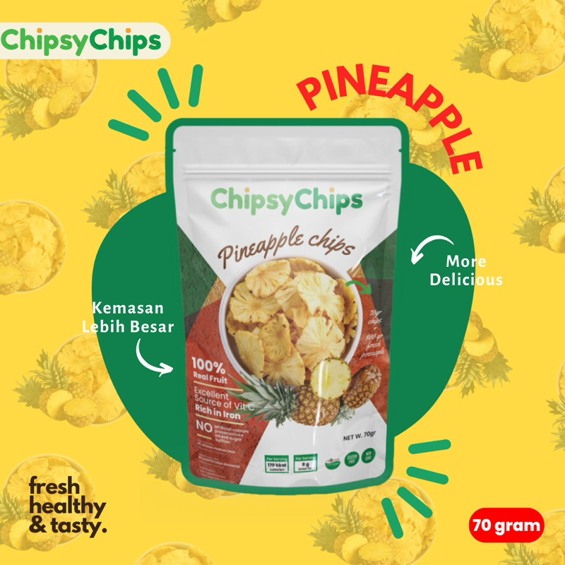 

CHIPSYCHIPS KERIPIK BUAH NANAS 70GR / FRUIT CHIPS PINEAPPLE / HEALTHY SNACK HALAL & BPOM