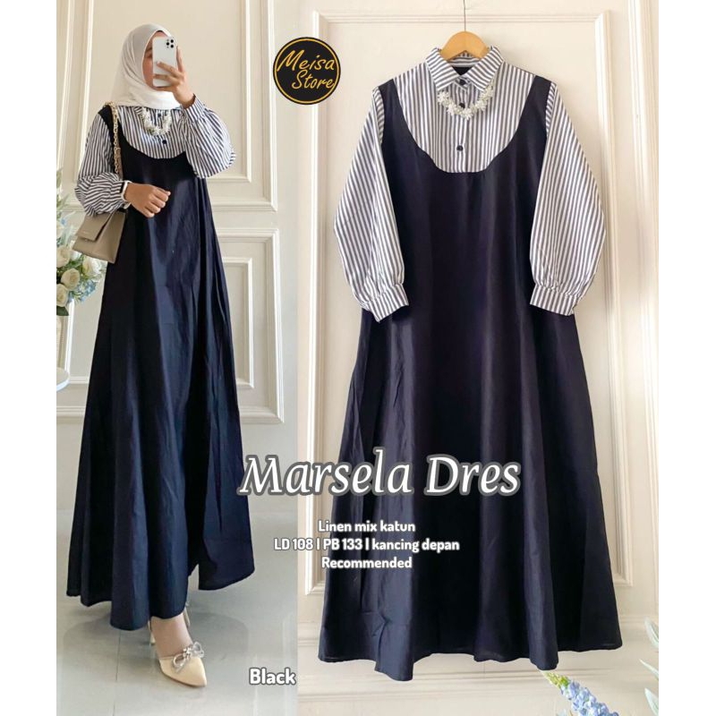 Dress gamis linen polos kombinasi katun salur