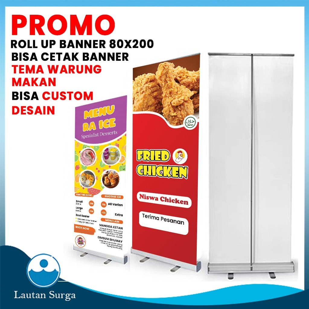 (PAKET STANDING Roll Up Banner Alumunium 80x200 cm) Cetak Stand Banner Spanduk Baliho Custom Desain 