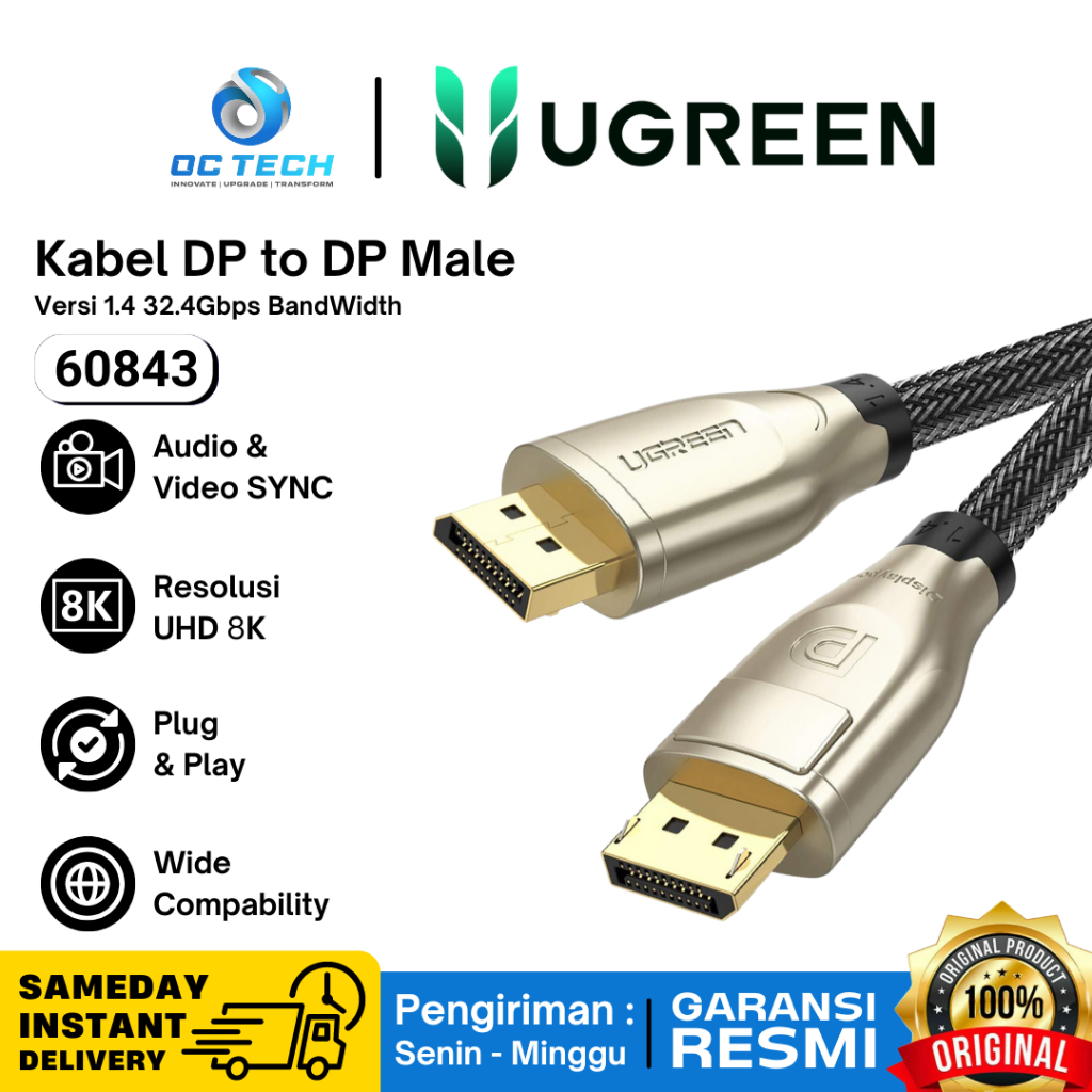 Ugreen Kabel DisplayPort to DisplayPort 1.4 8K Male to Male DP 2M 2 Meter Nylon Ugreen 60843 Origina