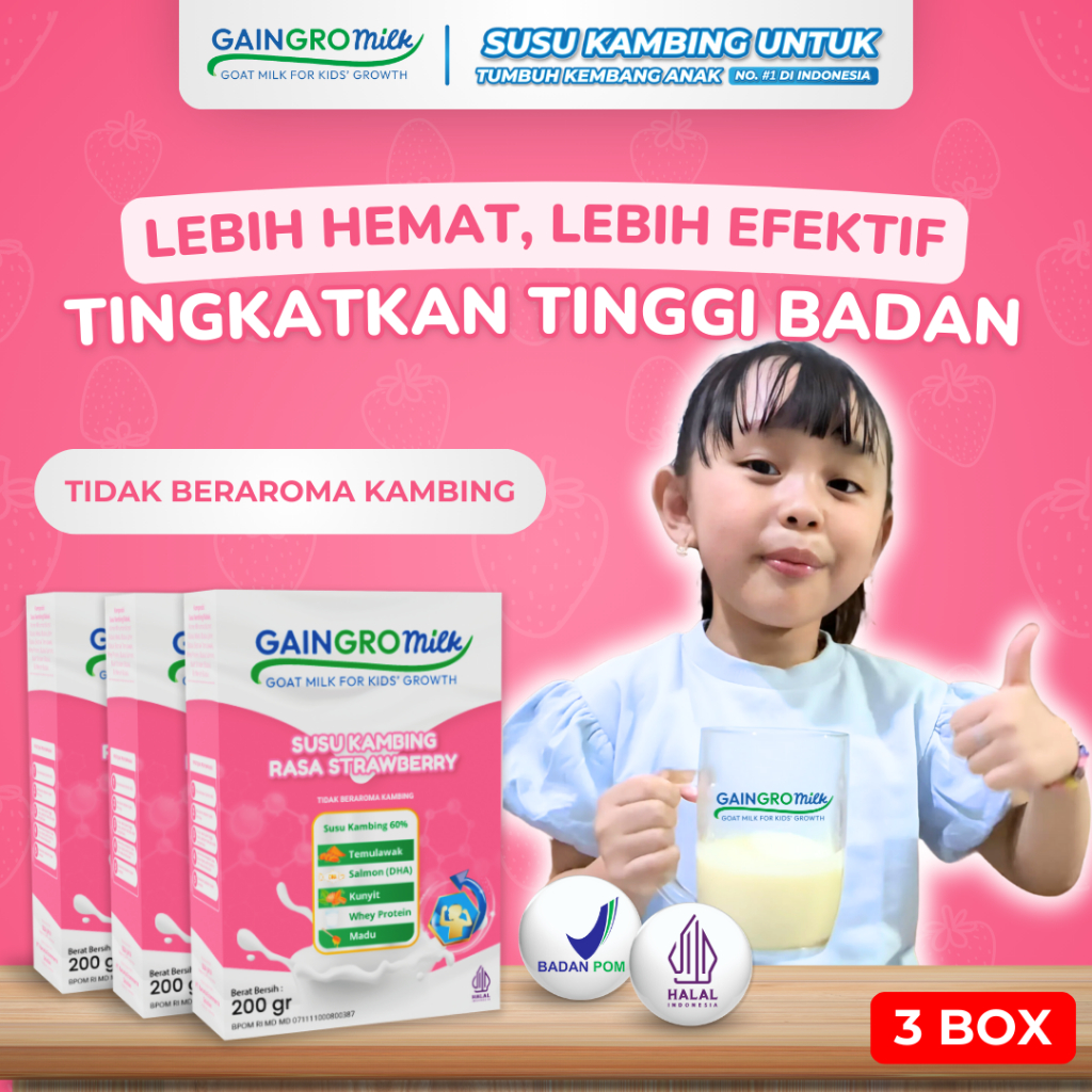 

PAKET 3 BOX GAINGRO MILK STRAWBERRY Susu Kambing Penambah Tinggi Badan Anak