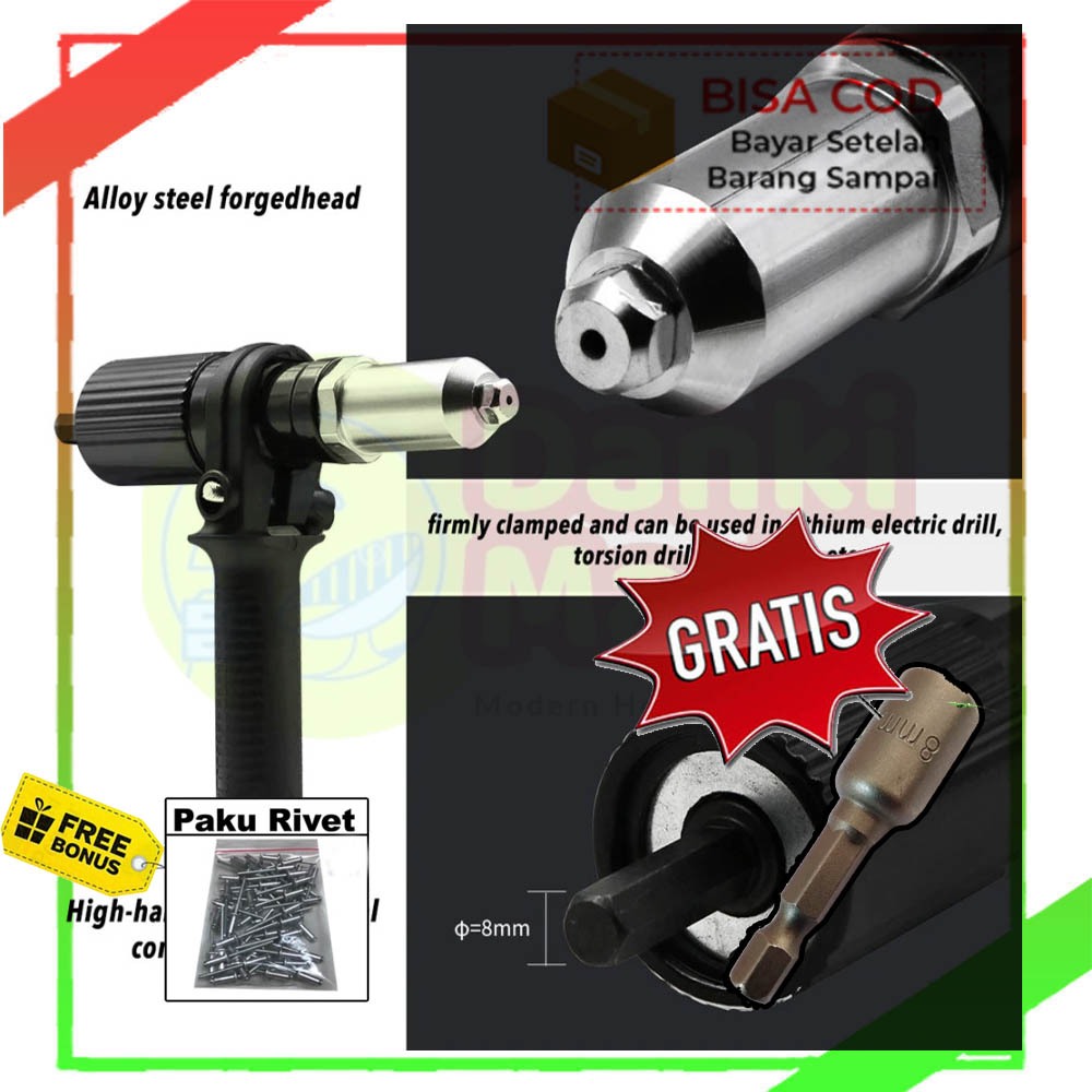 Kunci Sock Magnetic Roofing 8mm + Sambungan Mesin Bor Mata Rivet Besi + Handle Rifet