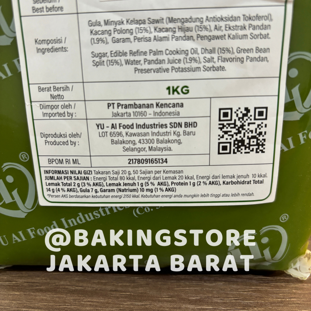 

Yu Ai Pandan Mung Bean Paste Pasta Pandan Kacang Hijau 1 Kg