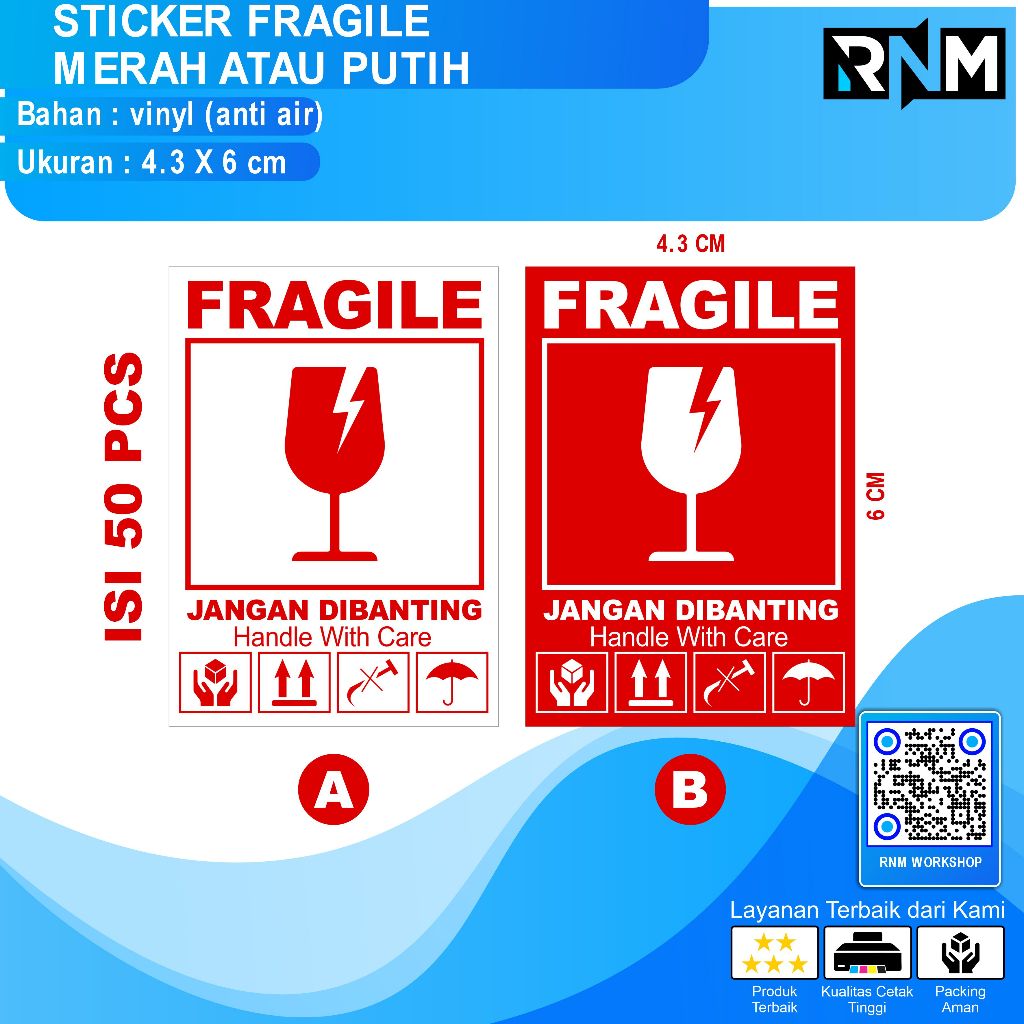 STICKER FRAGILE MERAH ATAU PUTIH 4.3 X 6 ISI 54 PCS