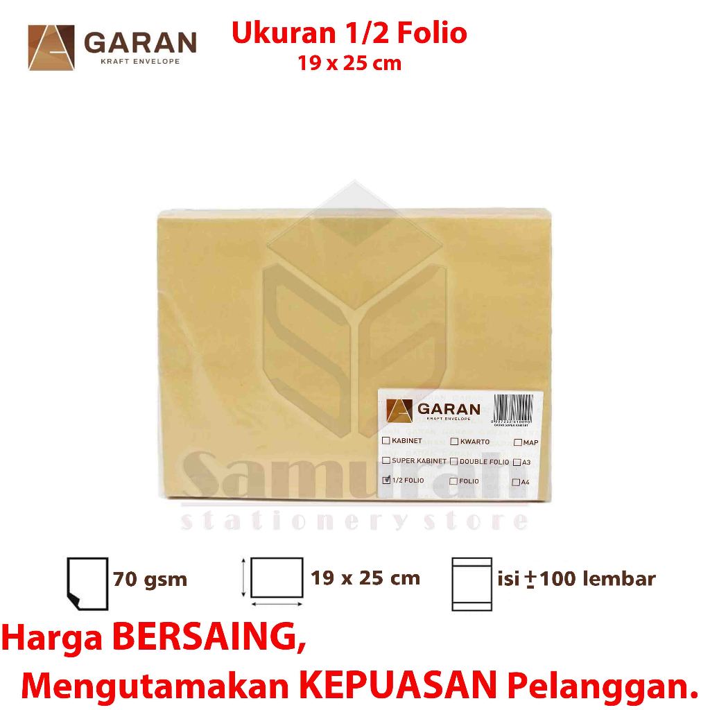

HJK Amplop Kertas Coklat GARAN Ukuran 1/2 Folio 19 x 25 cm 1 pak isi 100 tebal 70 Gsm / Gram 19x25