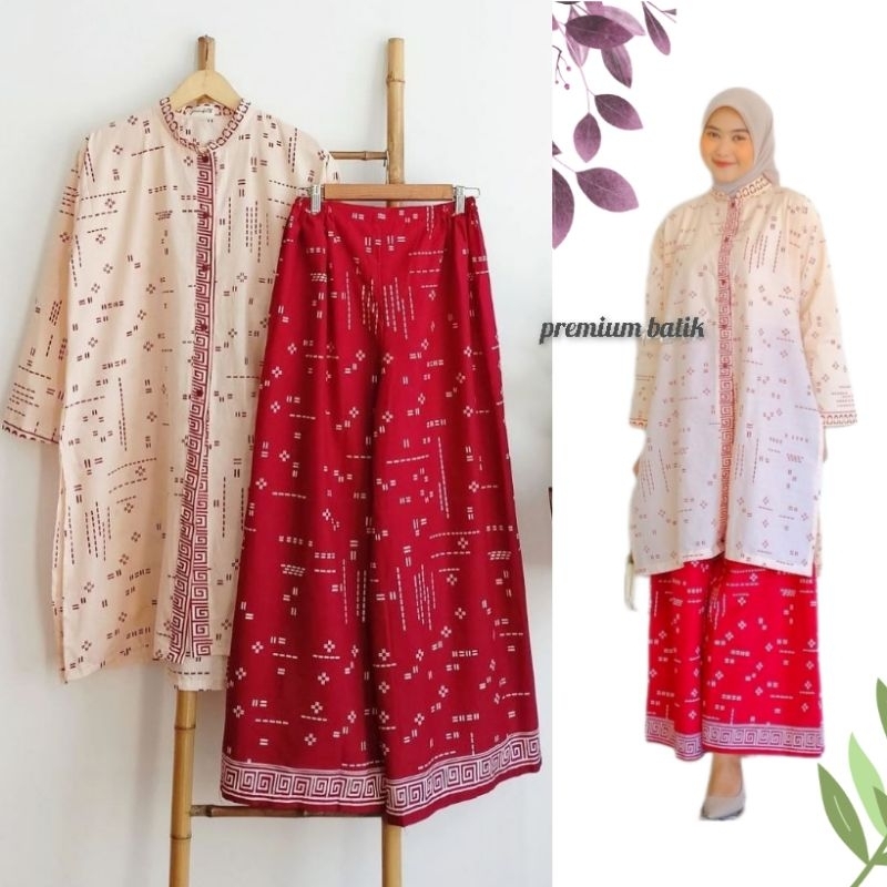 SETELAN BATIK PUTIH MENTARI TUNIK BATIK 17 AGUSTUS MERAH PUTIH  KULOT BATIK