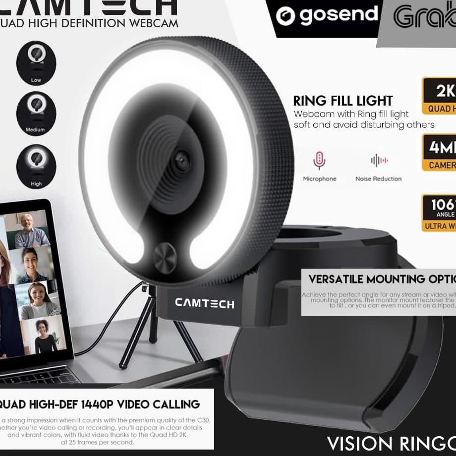 CAMTECH Webcam 2K 4MP RINGO QHD 144P With Ring Light and Auto Focus