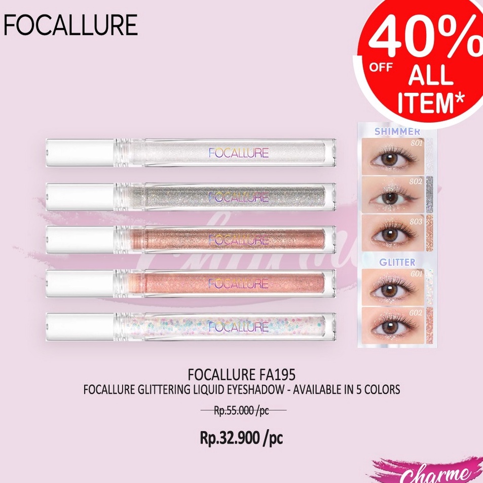 Eksklusif READY  ORI Focallure Glittering d Eyeshadow Cair FA195 FA 195 waterproof tahan lama viral 