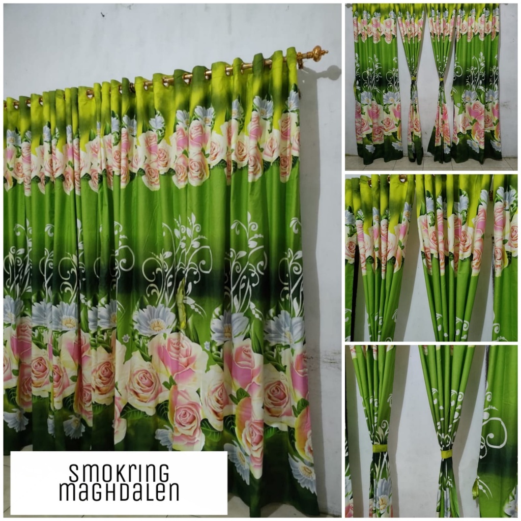 Gorden Jendela Smokring Motif Tirai Bunga Maghdalena Hijau Hordeng Mewah Elegan Minimalis Murah