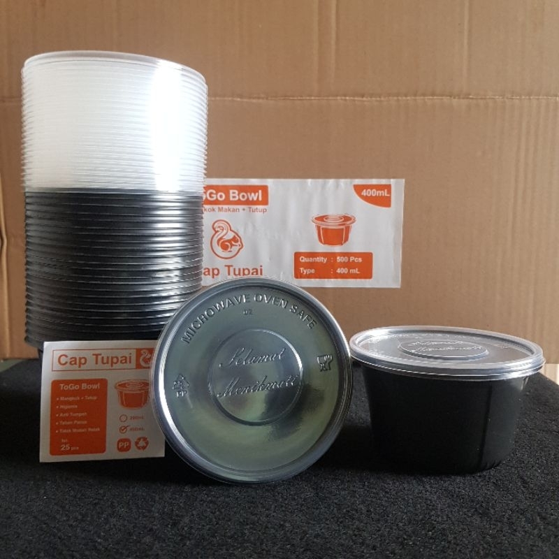 25pcs Thinwall Round 200ml / 400ml Cap tupai Hitam + Tutup / Kotak makan / Mangkok Plastik