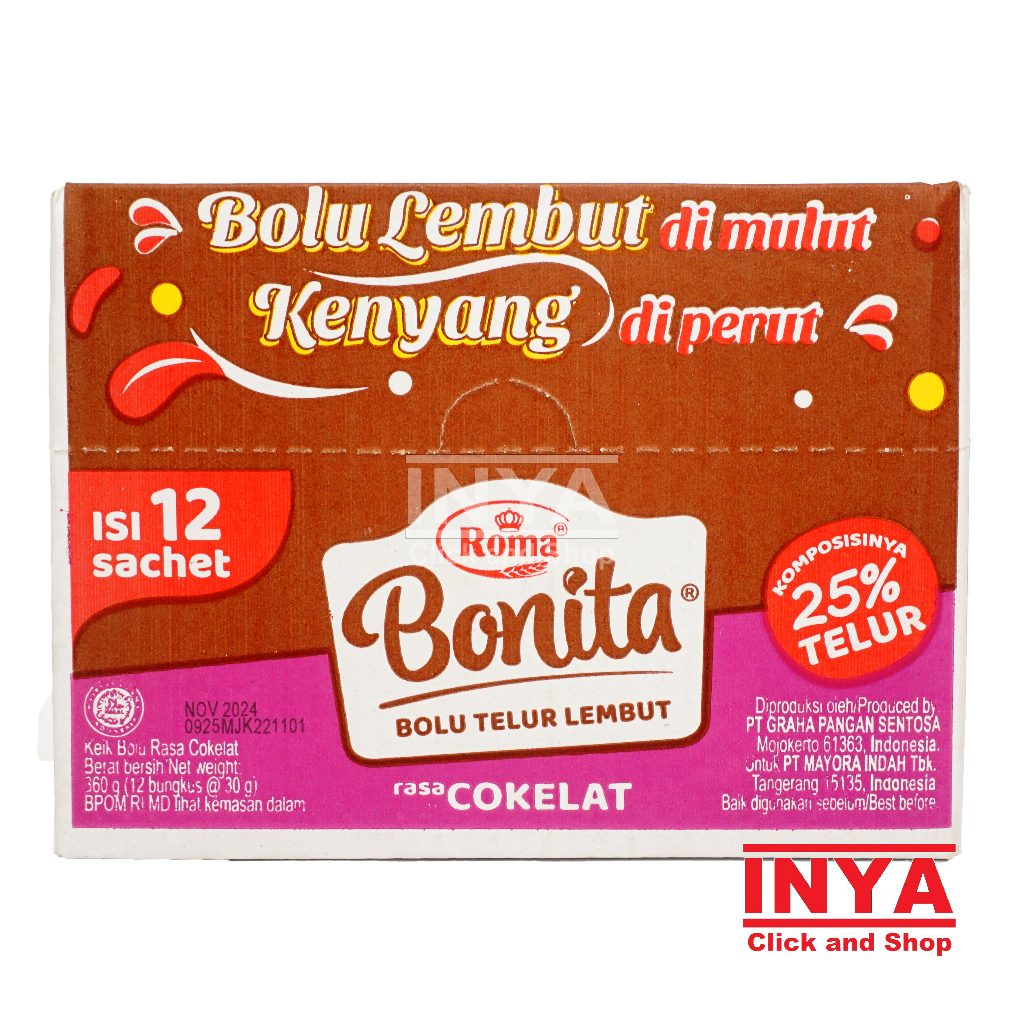 

Roma Bonita Bolu Telur Lembut Rasa Cokelat 12x30gr BOX