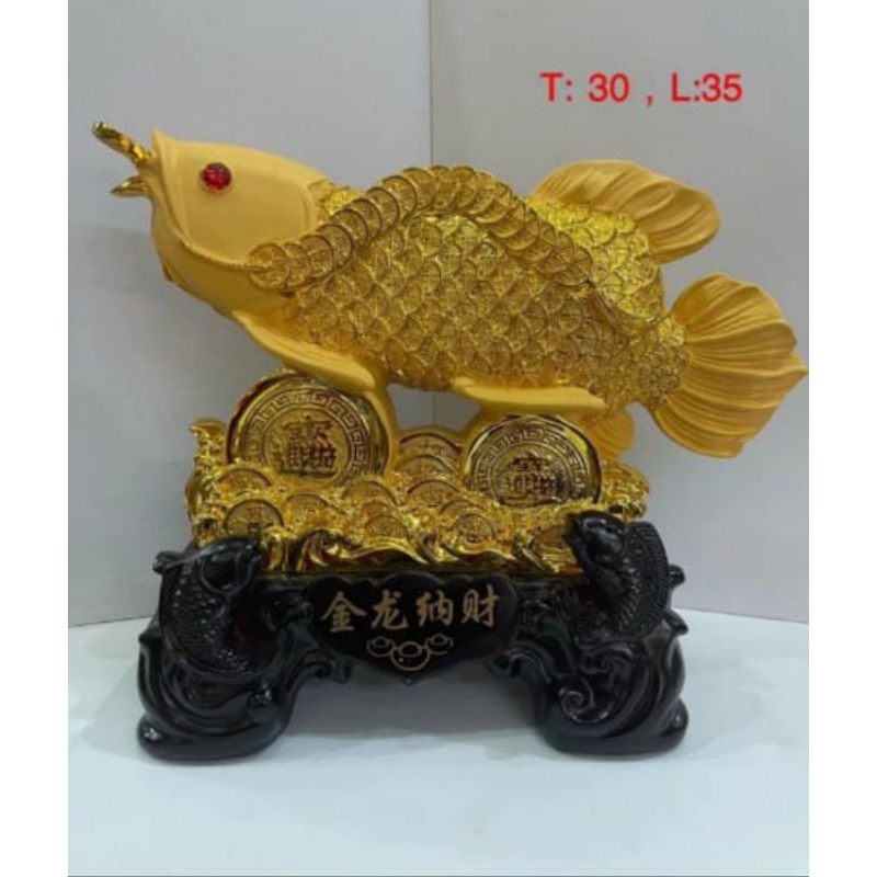 patung ikan arwana pajangan fengshui ikan arwana - emas- 30cm