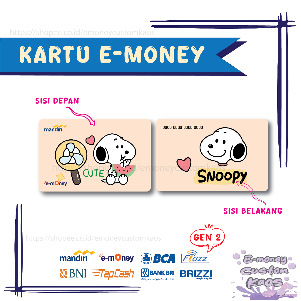 KARTU EMONEY SNOOPY CUTE ANIME ANJING MANDIRI FLAZZ BCA GEN 2 BNI TAPCASH BRIZZI BRI - 2 SISI