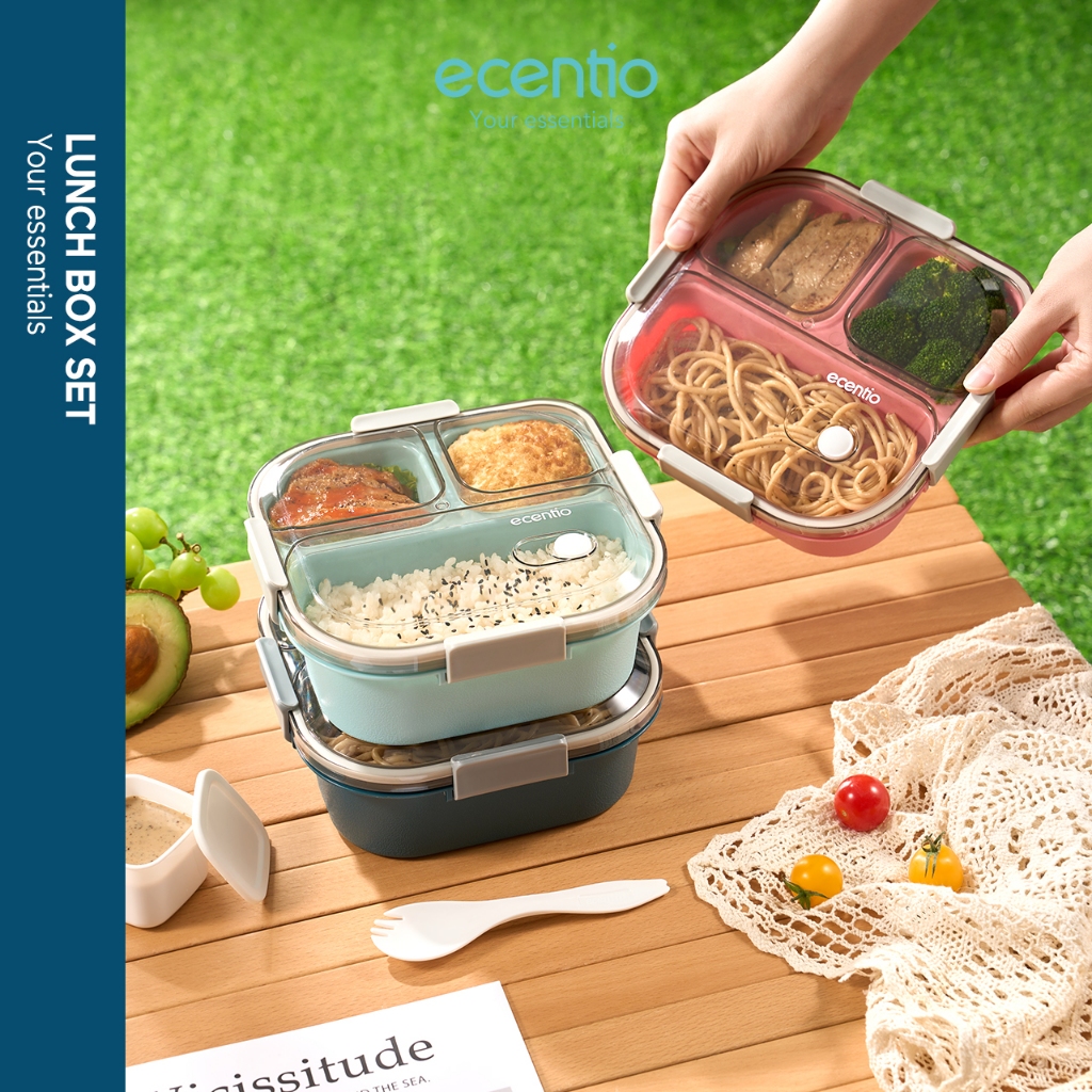 ecentio 3 grid anti tumpah tempat bekal 1100ml Kotak makan wadah bekal kotak sup 100ml BPA FREE-HW