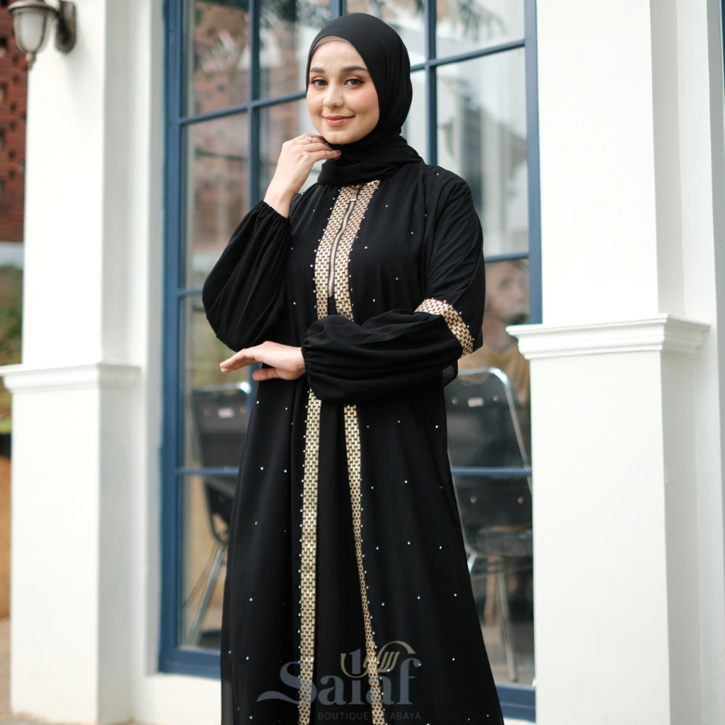 Gamis Hitam Turkey Abaya Saudi Bahan Jetblack Resleting Depan Busui-4