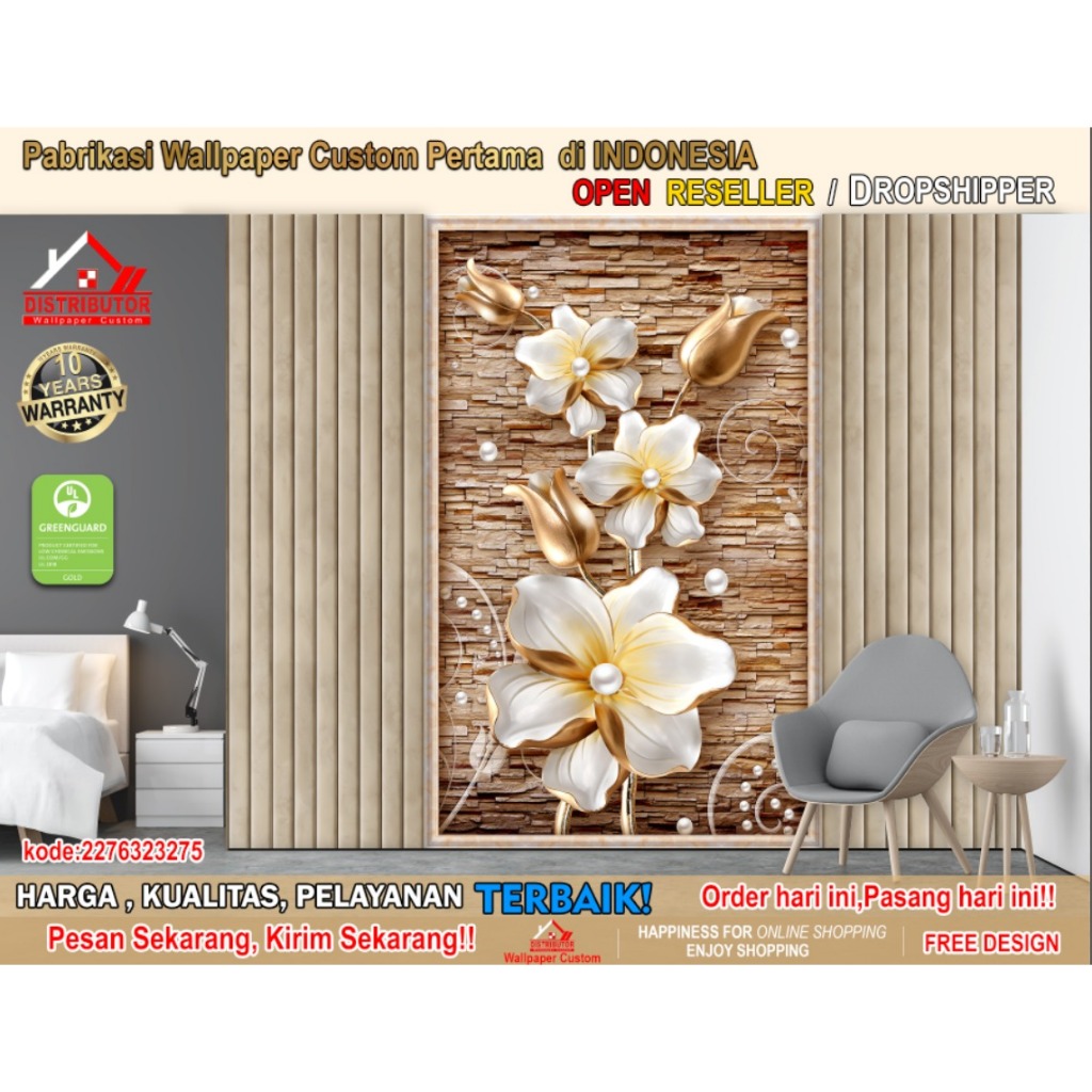 Wallpaper Custom 3D Tema Flowers | Vas Bunga | Wallpaper Dinding | Wallpaper Ruangan | Wallsticker
