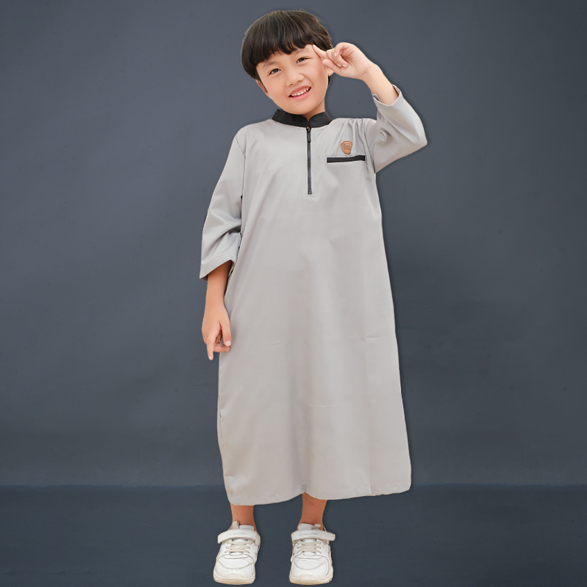 Kawan Muslim - Jubah Gamis Anak Laki Laki Premium Lengan Panjang Abu Abu Navy Hitam Putih Usia 1-14 