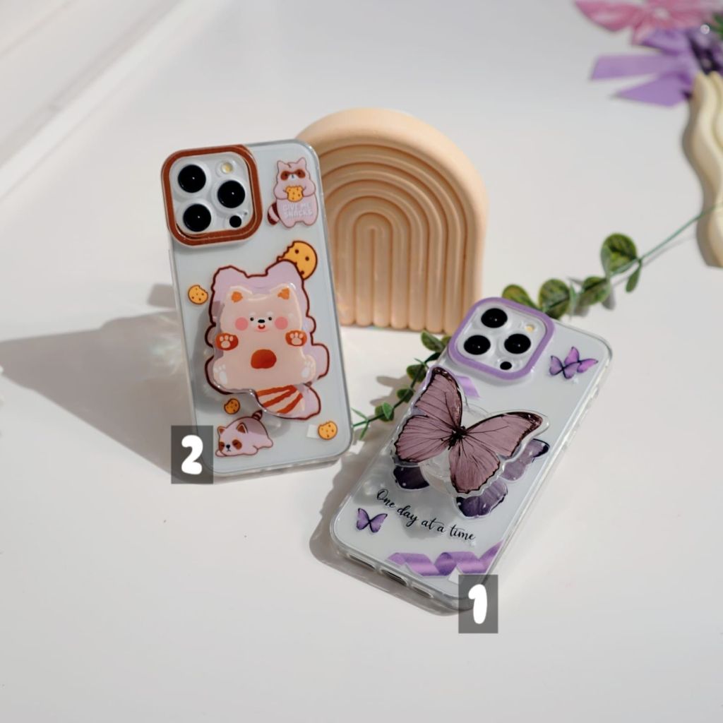 [3D17] Case Bening Motif + Pop Socket Timbul Akrilik - Oppo A18 A38 A58 A78 Reno 11 Reno 11F A16 A57