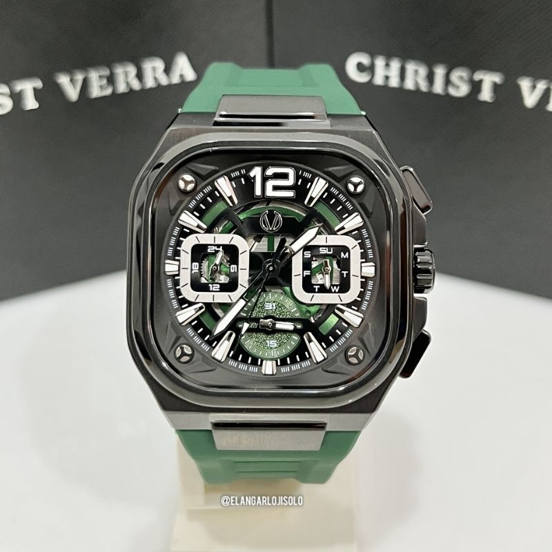 JAM TANGAN PRIA CHRIST VERRA CV 109068G-36 BLK/GRN RUBBER ORIGINAL