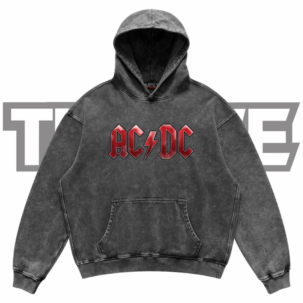 ACDC Red Logo Oversize Washed Hoodie | Jaket Hoodie | Hoodie ACDC | Hoodie Unisex | Hoodie Musik Har