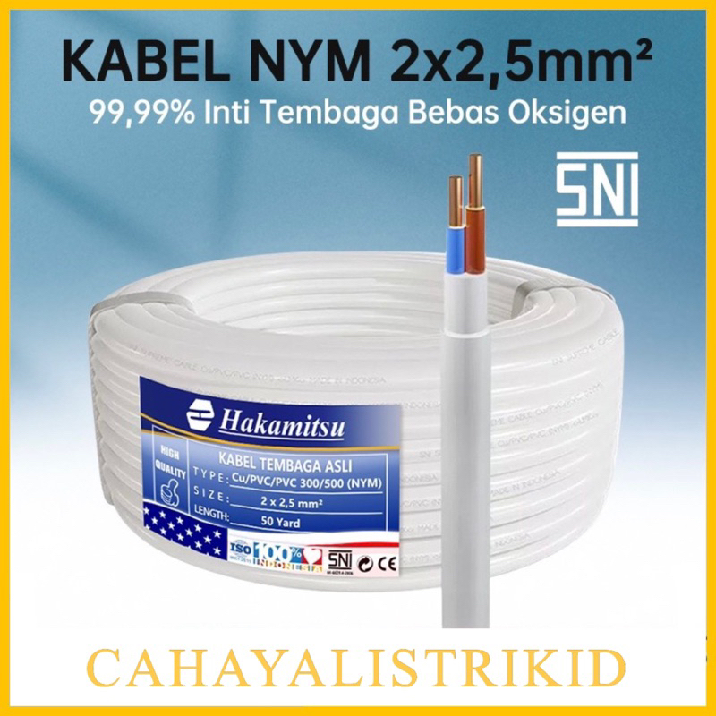 KABEL NYM 2 x 2,5MM 50 YARD FULL / KABEL LISTRIK TEMBAGA MURNI PVC SNI / MEREK HAKAMITSU