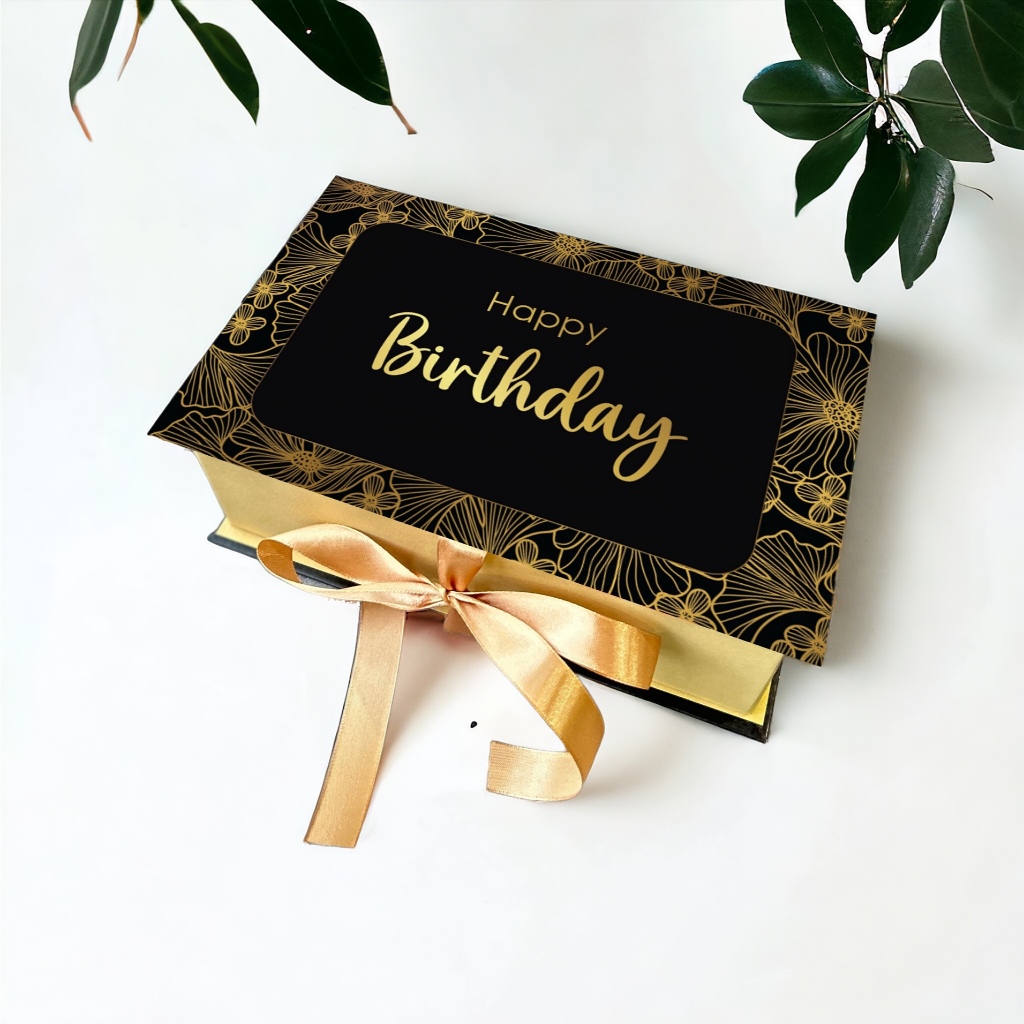 

HARDBOX BY ASHADEWI GAYATRI - HARDBOX HAPPY BIRTHDAY - BLACK FLOWER - Inner GOLD / custom box / box IMLEK / hampers box / gift box / custom box