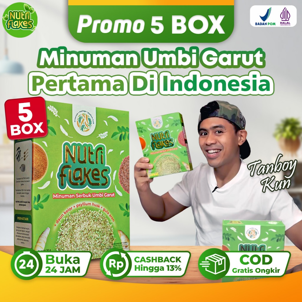 

Nutriflakes Paket 5 Box- Sereal Umbi Garut dengan daun kelor + psyllium husk + gula aren