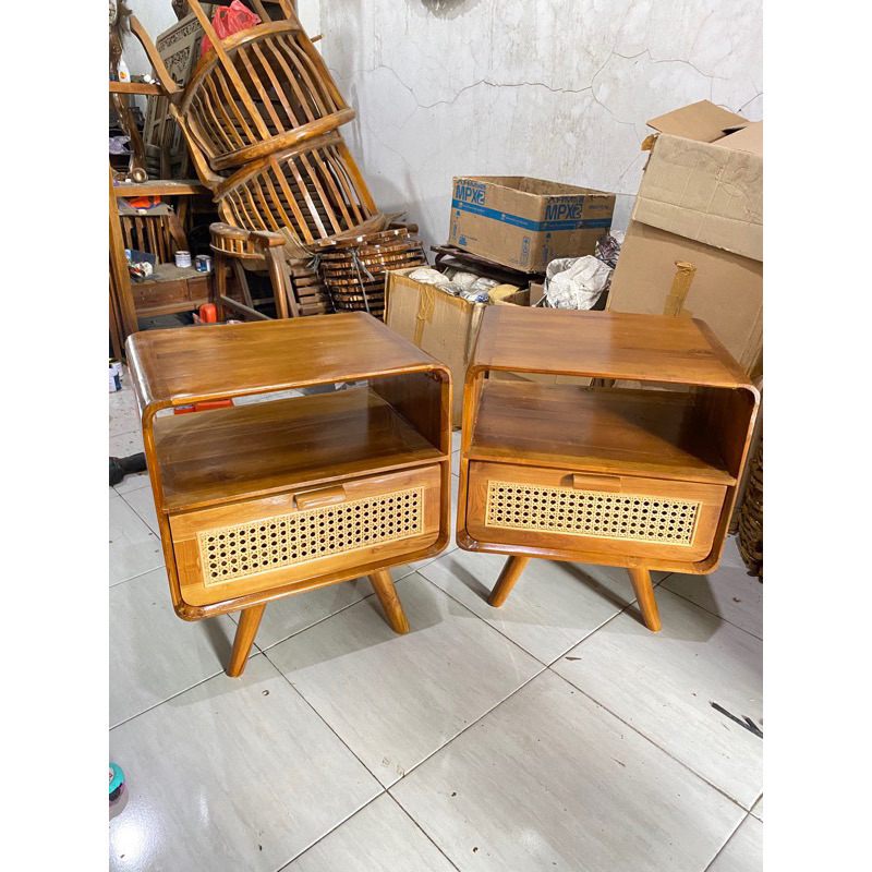 Nakas Laci Retro Jati Rotan, Meja Nakas Jati Rotan