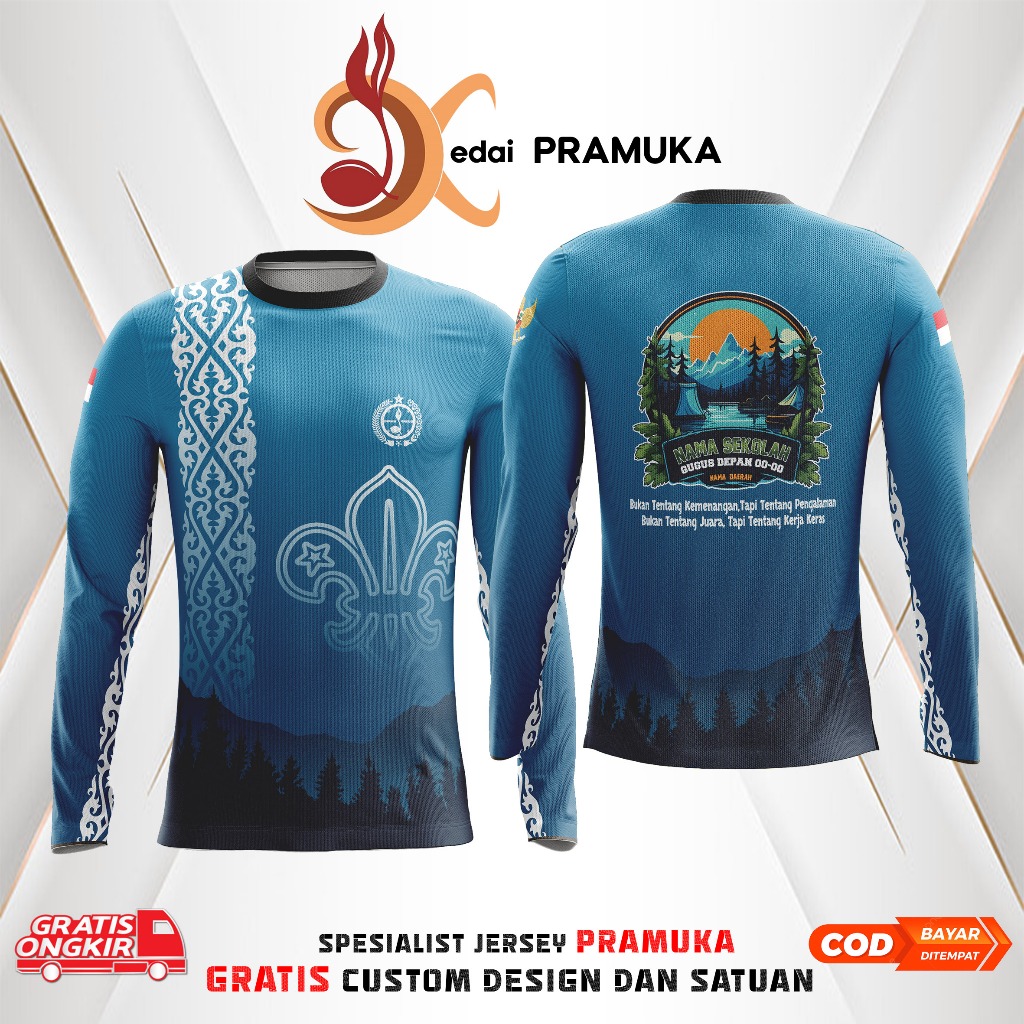 BAJU PRAMUKA OUTDOOR GRATIS CUSTOM DESAIN MENYERAP KERINGAT