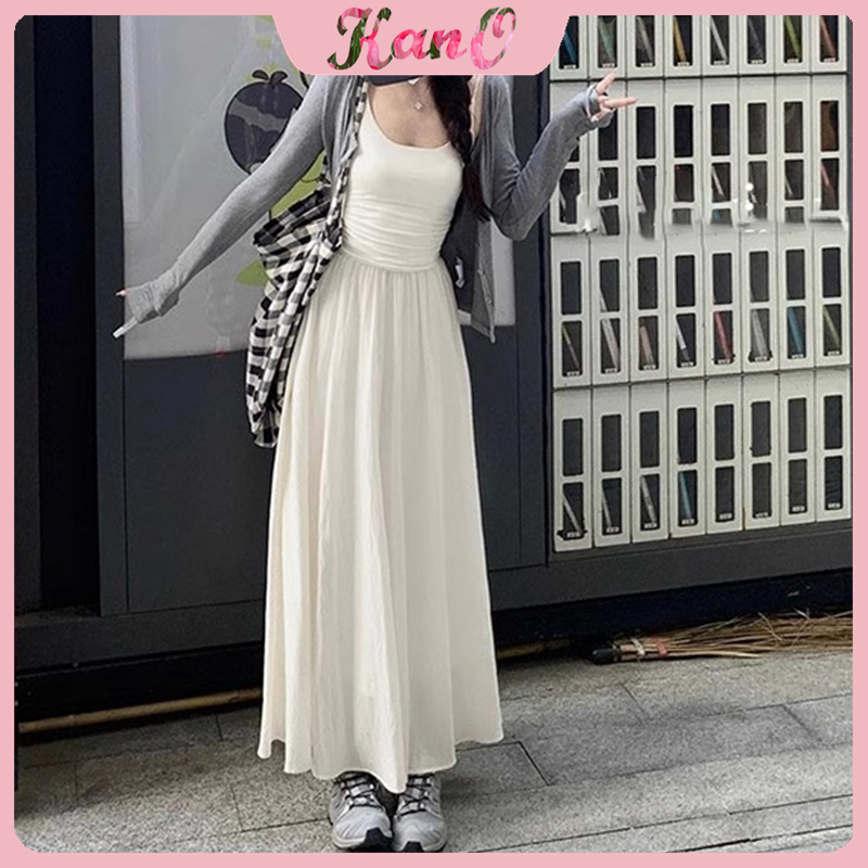 KANO Rok Plisket Gaya Korea Rok Payung Longgar Putih Rok Panjang 7/8 Rok Maxi A-Line Kasual Pinggang
