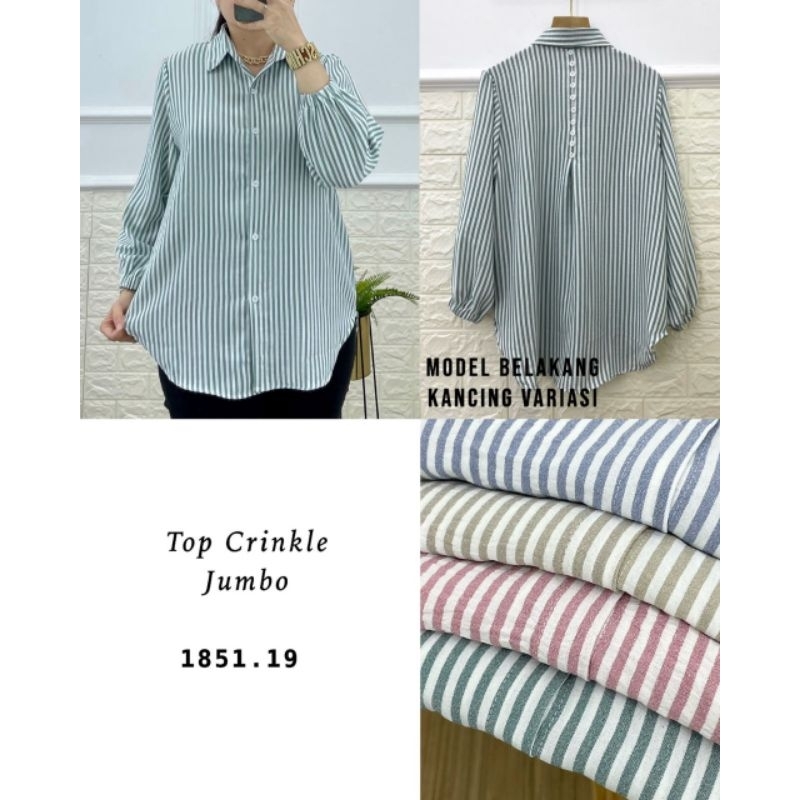 Blouse Wanita Kemeja Wanita Top Crinkle All Size Warna Random Garis Salur Tipis Kerut Kancing Belaka