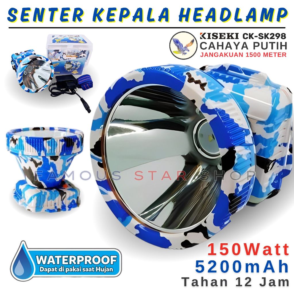 Senter Kepala / Head Lamp Kiseki CK-SK298 150 Watt Cahaya Putih Super Terang Sorot Jauh Body Loreng 