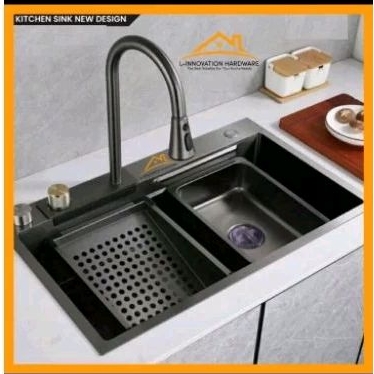 Wastafel Cuci Piring Kitchen Sink Waterfall Set Kran Air Mancur Terjun Black Full Stainless Steel SU