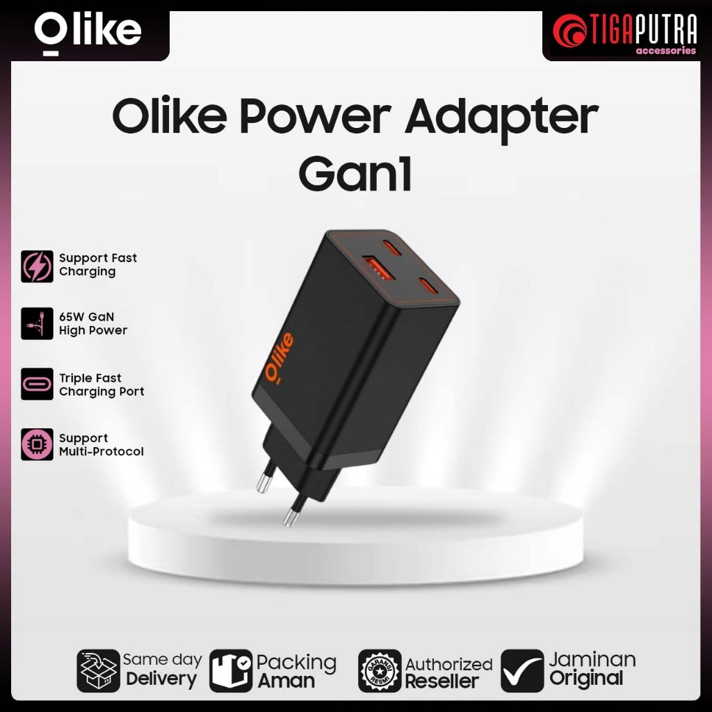 OLIKE GaN1 65W Dual Output Usb-C & Usb-A Adapter Fast Adaptor Charger - Black