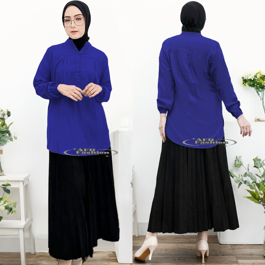 Blouse Wanita Kemeja Atasan Warna Biru Lengan Panjang Muslim Remaja Jumbo Polos Korea Style Terbaru
