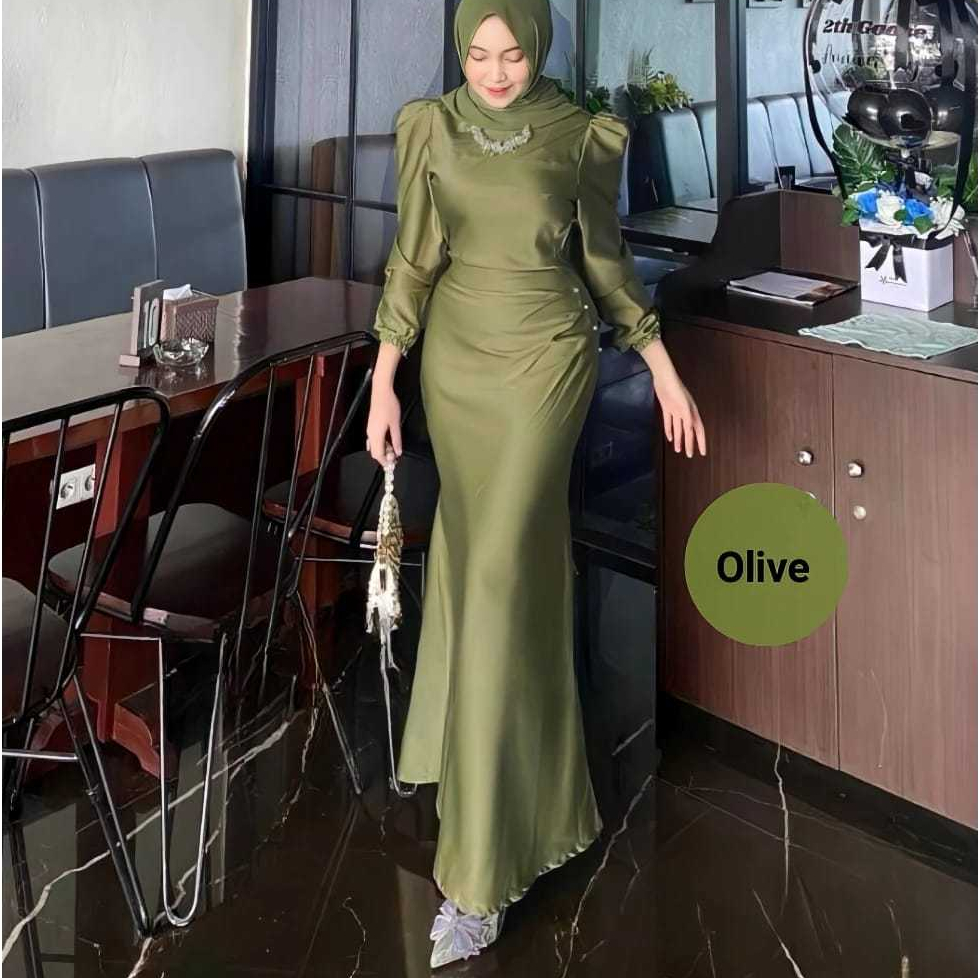 Satin Dress / Dress Wanita Syari Bahan Satin Silk Mix Mutiara Premium Size Jumbo LD 130CM / Dress Po