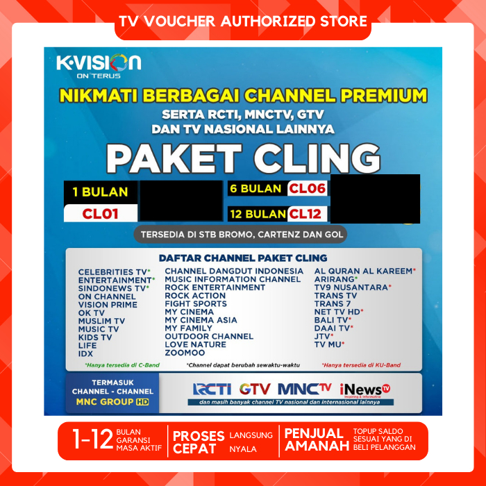 Voucher Paket Cling 30/180 Hari K vision TV LOKAL MNC Group