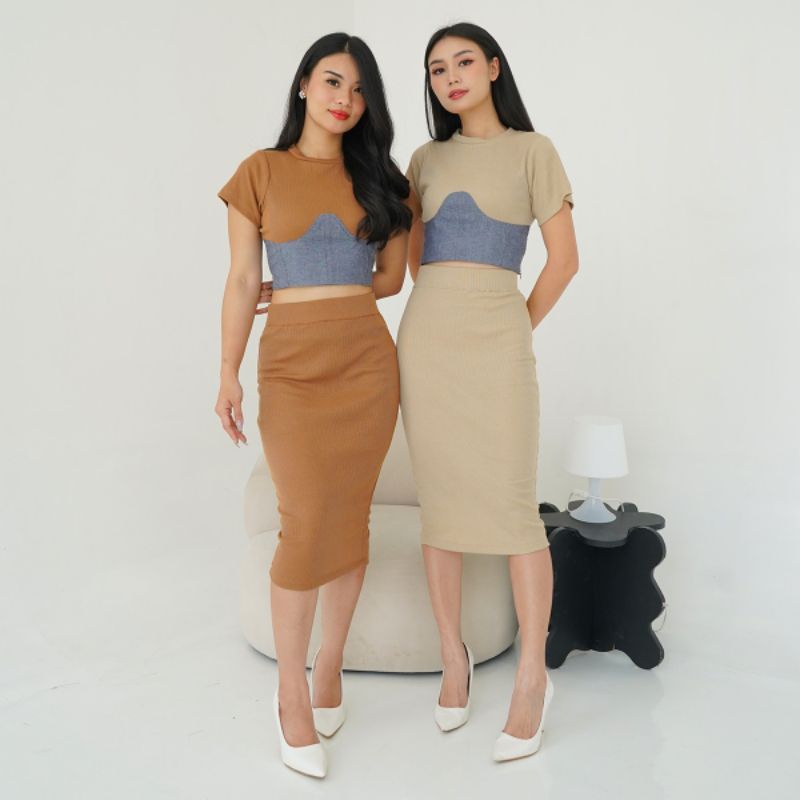 Primerea Denim Knit One Set Baju Setelan Crop Top Rok Span Wanita Bodycon