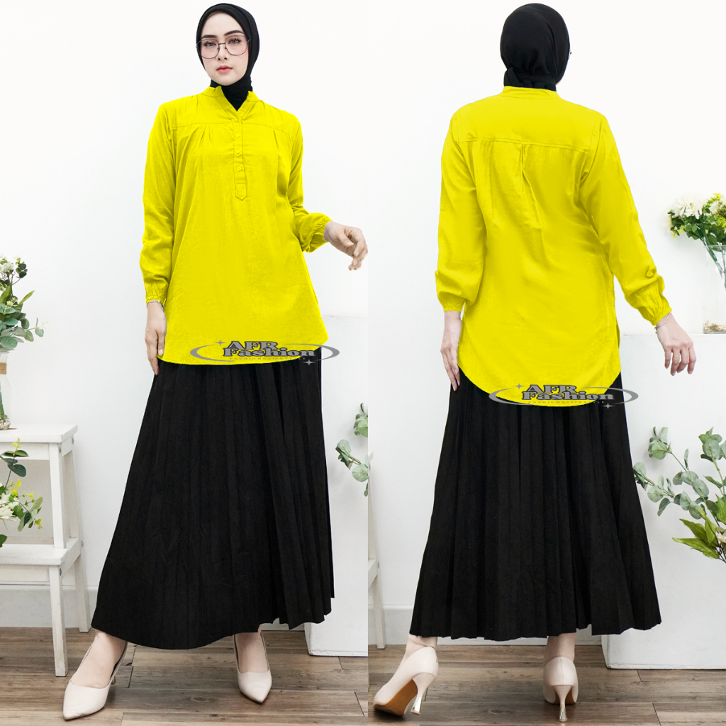 Blouse Polos Warna Lemon Lengan Panjang Atasan Wanita Baju Pakaian Muslimah Harian Kecil Jumbo Size