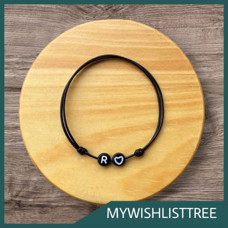 GELANG INISIAL BULAT + LOVE BULAT COUPLE PASANGAN KEKINIAN GELANG TALI HITAM POLOS KOREA ANTI AIR CE