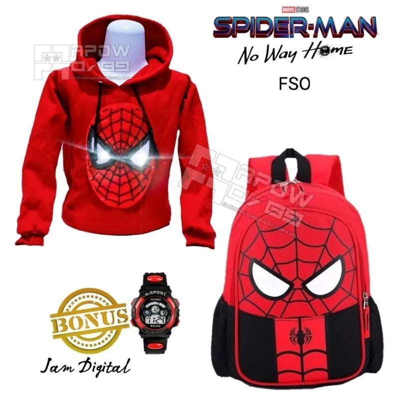 paket 3in1 sweater Hoodie anak laki-laki umur 3-9 tahun tas anak jam tangan anak