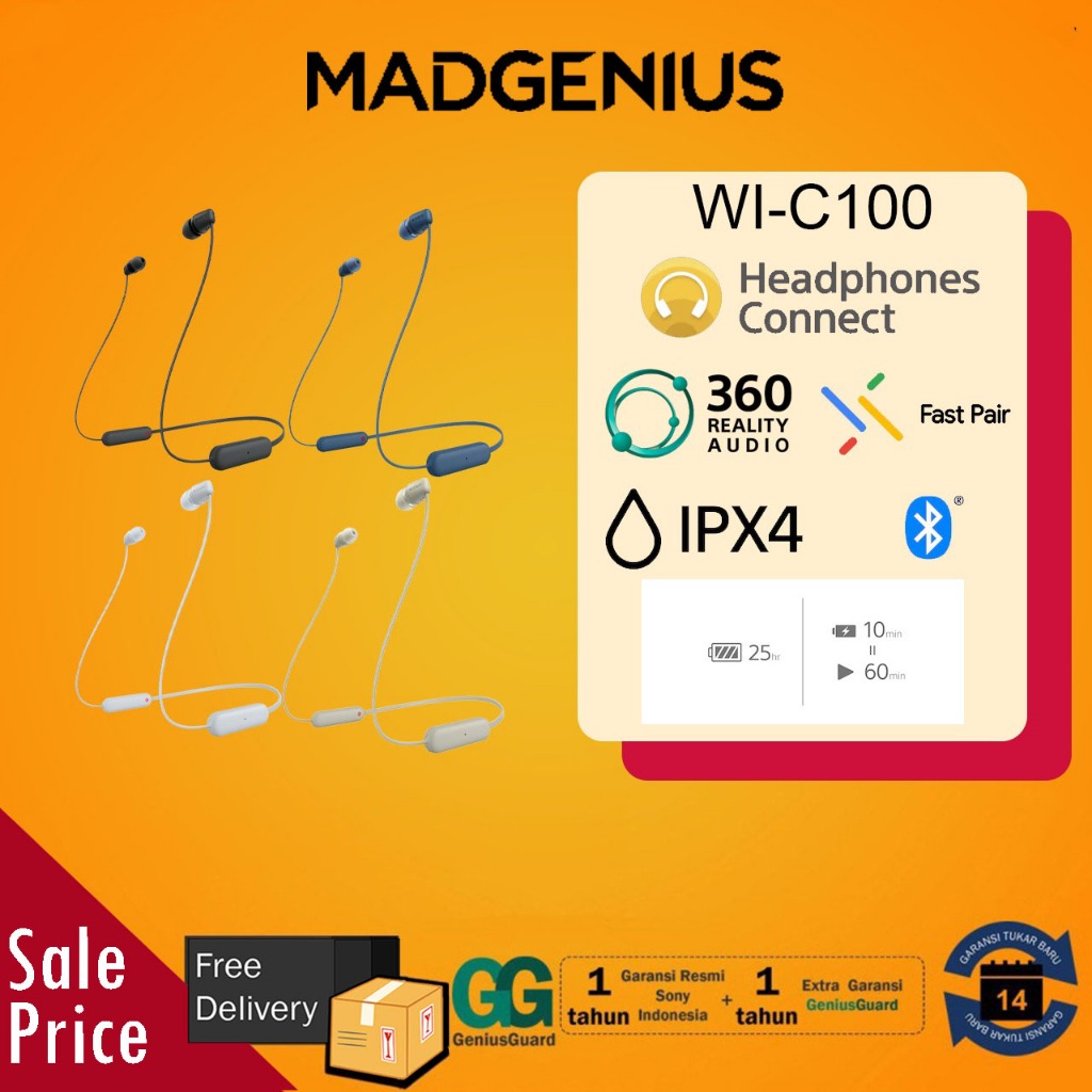 SONY Original Earphone Bluetooth Sony WI-C100 / WIC100 / WI C100 Wireless In-ear Headphones . Garans