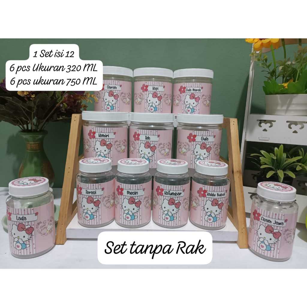 PALING MURAH !!!!  Bisa Request Label !!! Paket isi 12 pcs Mix Ukuran Toples bumbu dapur Hello Kitty